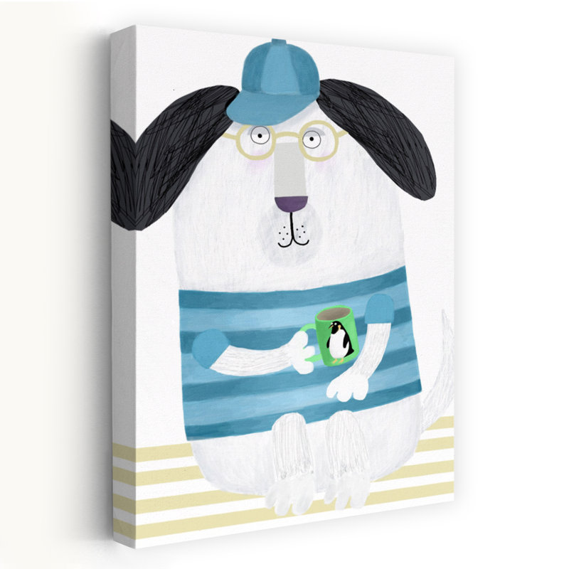 Whimsical Dog With Mug Playful Whimsical Contemporary Dog Penguin Wall Art Print by Carla Daly - Wrapped Canvas Print