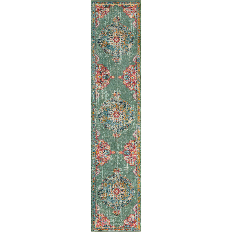 Tapis oriental vert / bleu / rouge en polypropylène tissé à la machine Pennylane, Tapis de couloir 2 pi 7 po x 13 pi 1 po