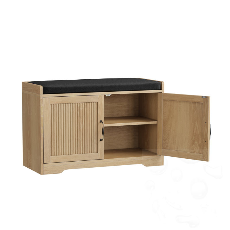 Banc de rangement rembourré avec portes, Naturel, Naturel