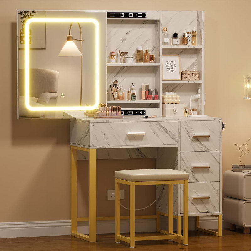Bureau de meuble-lavabo avec miroir et lumières, bureau de maquillage avec miroir à DEL coulissant, prise de courant, ensemble de meuble-lavabo avec 4 tiroirs, tablettes de rangement, tabouret rembourré pour la chambre à coucher