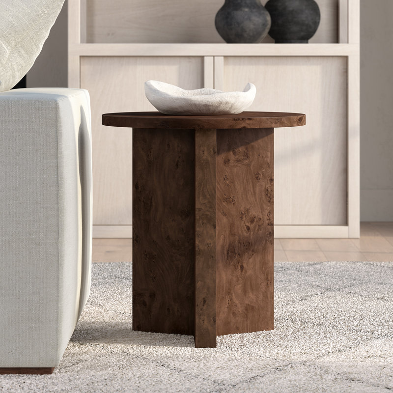 Potbelly Round End Table with Cross Base, Espresso Burl