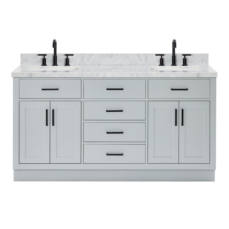 Thornaby 66'' Solid Wood Double Bathroom Vanity with 1.5'' Carrara Marble Top, Gray / Matte Black, Oval