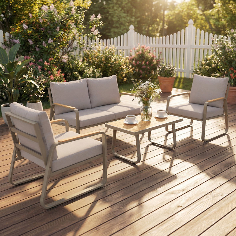 4 Piece Patio Furniture Set, Outdoor Conversation Set with Loveseat, 2 Armchairs, Coffee Table and Cushions, Garden Furniture with Metal Frame for Poolside Porch, Brown