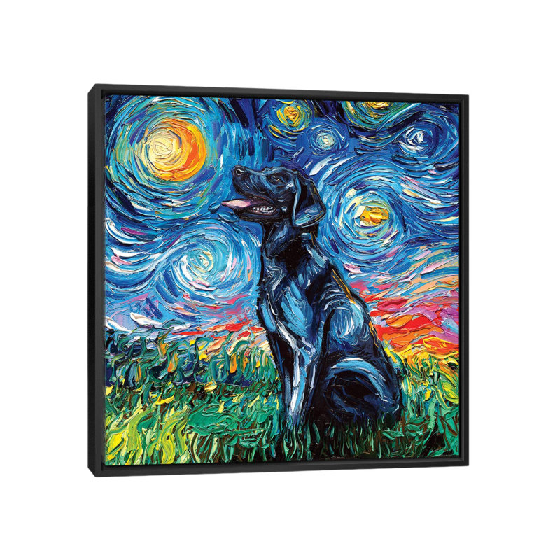Reproduction d’art, "Black Labrador night I" par aja Trèves, H 18 po x l 18 po x 1,5 po, Toile avec cadre noir, Pas de tapis