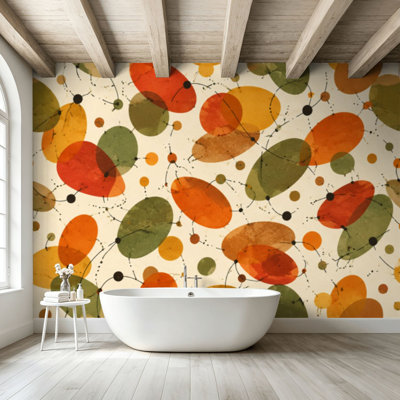 Peel and Stick Wallpaper Wall Mural Mid Century Modern Abstract Geometric Atomic Shapes Orange Olive Green Wall Art Self Adhesive and Removable