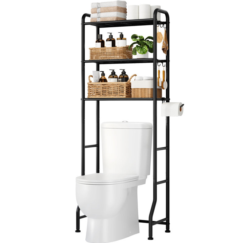Over Toilet Storage Rack - Metal Over Toilet Bathroom Organizer Shelf, Over The Toilet Storage Cabinet with Paper Holder and Hooks, Bathroom Cabinet for Laundry, Black, 3 Tiers (63.2" H)