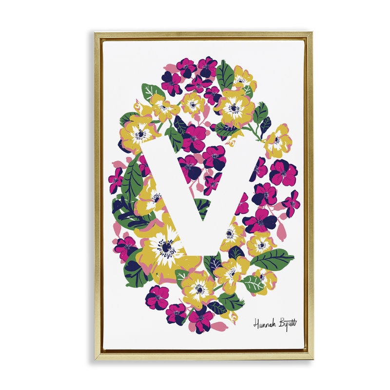 «Floral Bloom», lettre V, toile flottante encadrée par Hannah Louise Byatt, Cadre flottant métallique doré, H 31 po x l 21 po