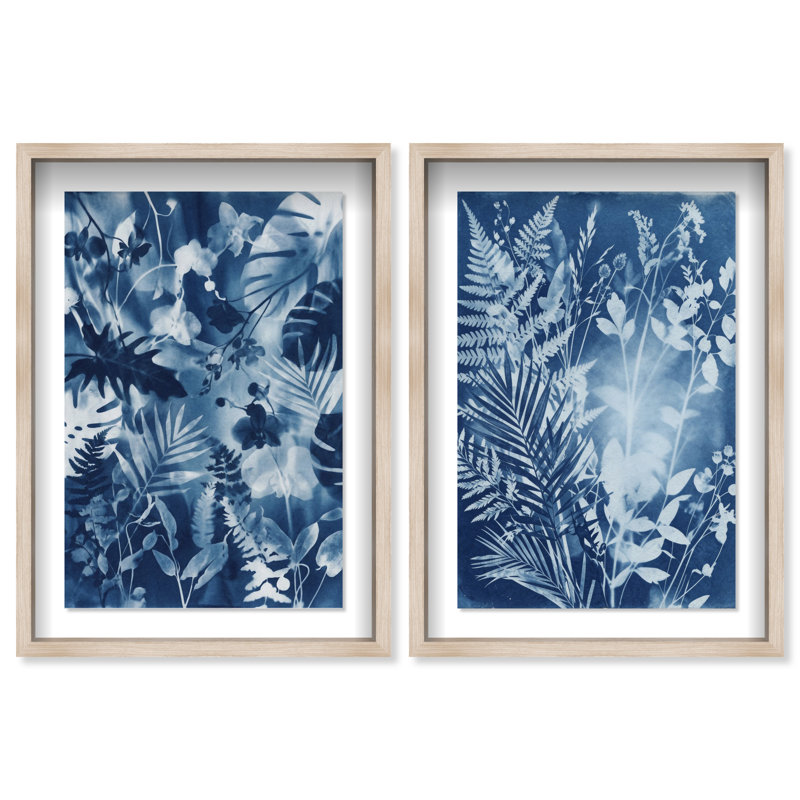 Blue Folliage Set Shadowbox Floral & Botanical Print by Oliver Gal, Black Frame, 10 x 15, 25"H x 37"W, Natural Oak Shadowbox