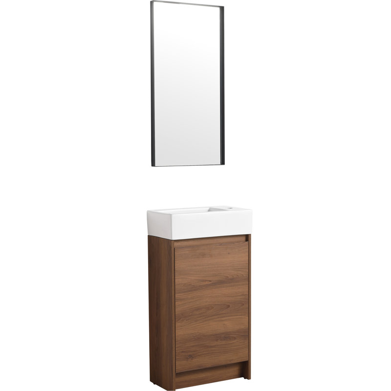 Meuble-lavabo autoportant de 18 pouces avec lavabo simple. Armoire à portes à fermeture douce. Lavabo en céramique. Assemblage sans couture de l'armoire de 18 po en contreplaqué brun ébène pour les petites salles de bain.