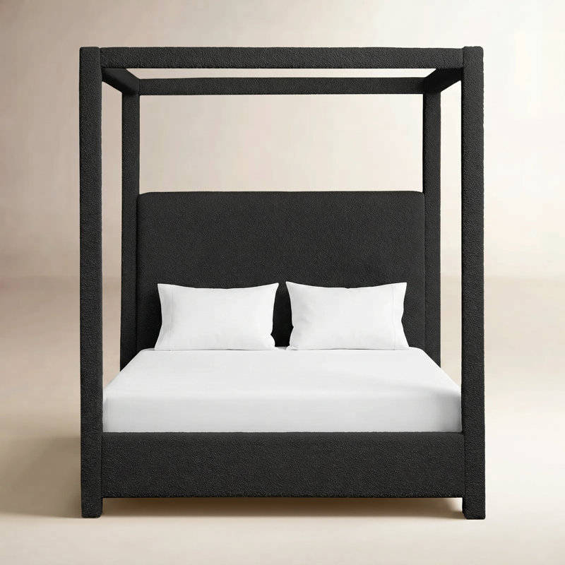 Upholstered Canopy Bed, Queen, Black Boucle Fabric