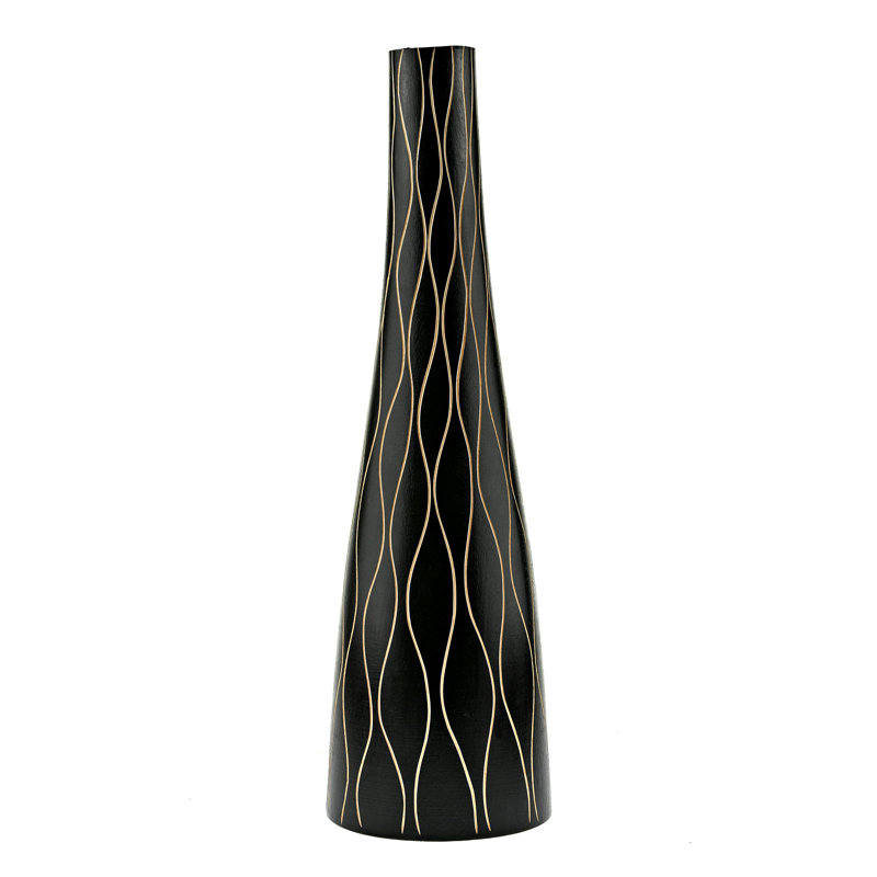 Vase en forme de bouteille en bois de manguier noir et naturel Chic Wavy Lines