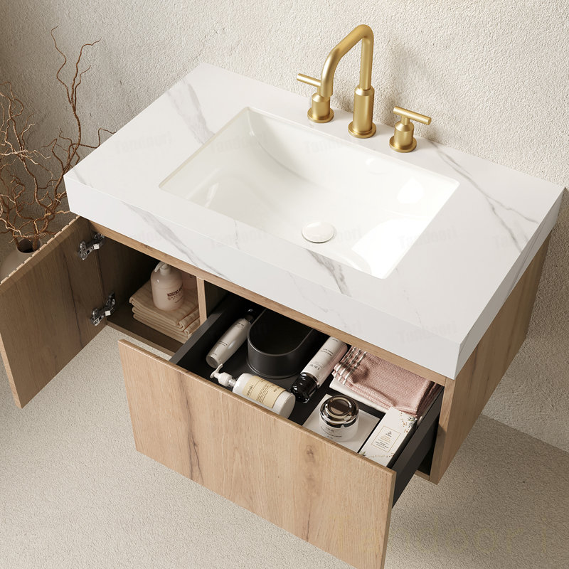Meuble-lavabo de salle de bain, meuble de rangement flottant en contreplaqué avec tiroir et porte, plateau en pierre frittée Carrara et lavabo en céramique avec 3 trous de robinet pré-percés, pré-assemblé