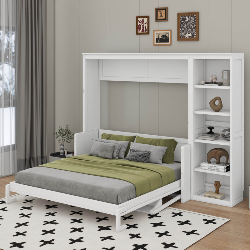 Grand lit escamotable avec bureau et bibliothèque, Blanc, Grand lit