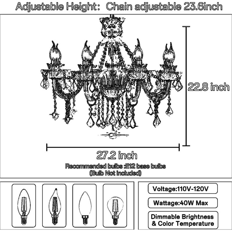 Modern Crystal Chandelier With K9 Crystals, 8-Light Candle Style Fixture For Dining Room, Living Room, Or Bedroom, Elegant Red Glass Design, Compatible With Dimmable E12 Bulbs