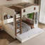 Lit superposé double avec lit gigogne, tablettes de rangement et crochets, bois massif, aucun sommier nécessaire, beige et naturel