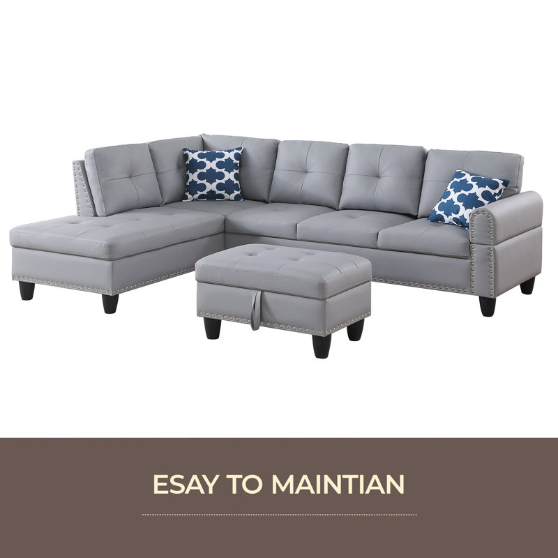 Canapé modulaire en similicuir avec repose-pieds, Similicuir gris