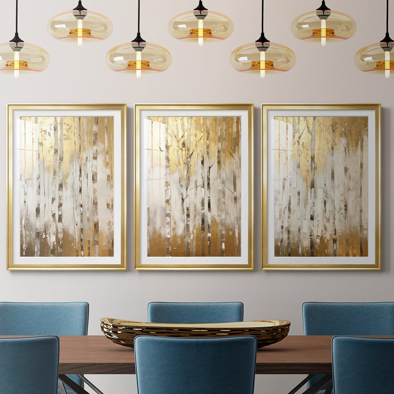 ABSTRACT Series CMLI - Impression encadrée sur mesure de qualité supérieure - 3 pièces, H 30 po x l 63 po, Doré