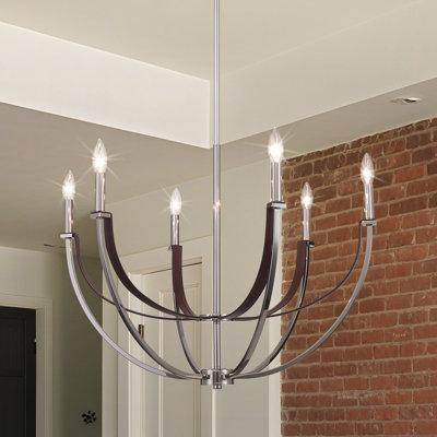 Braymer 29-inch 6-light Polished Nickel and Dark Brown Faux Leather Chandelier