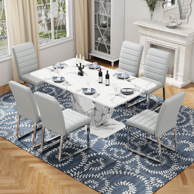 Ensemble de table de salle à manger avec chaises rembourrées en similicuir, 7 pièces: table, 6 chaises, Gris, Silver