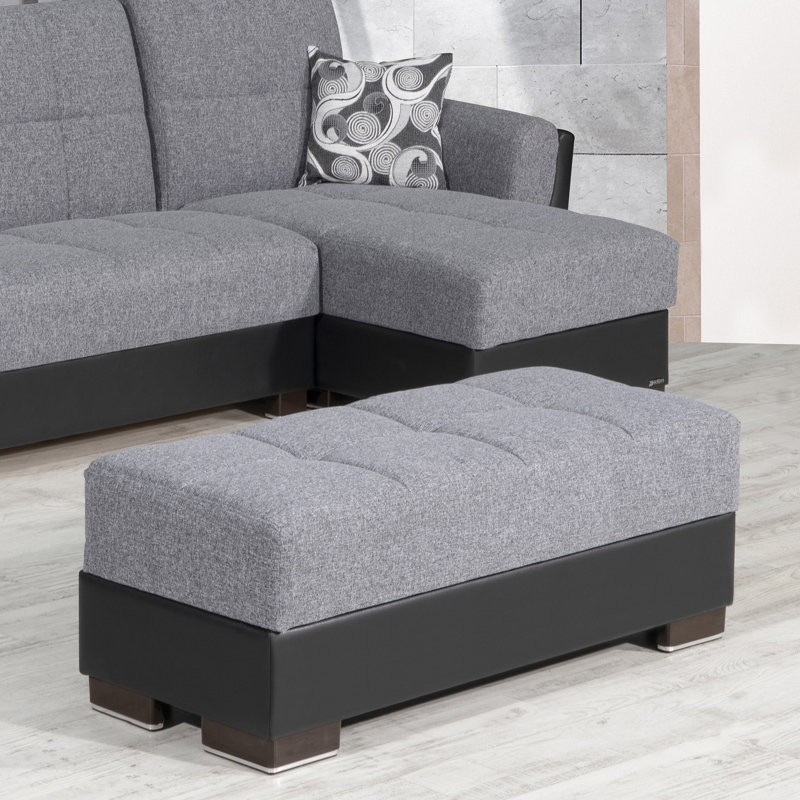 Repose-pieds rembourré avec rangement PrimeNest SkyHaven, Noir / chenille gris clair / similicuir