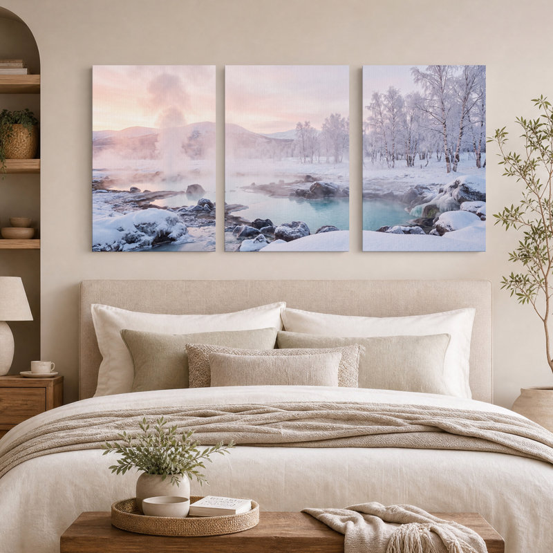 Ensemble de 3 toiles géantes enneigées avec ciel rose, H 24 po x l 16 po x 3 pièces