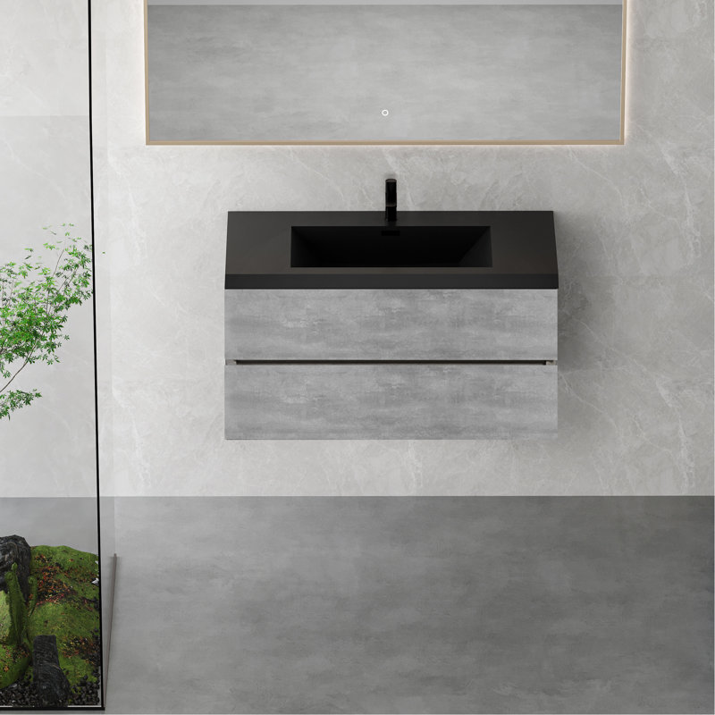 Modern 42" Bathroom Vanity Sink, Grey Cabinet. Quartz Sand Basin And Convenient Soft Close Feature In With Storage. Easy Drawers