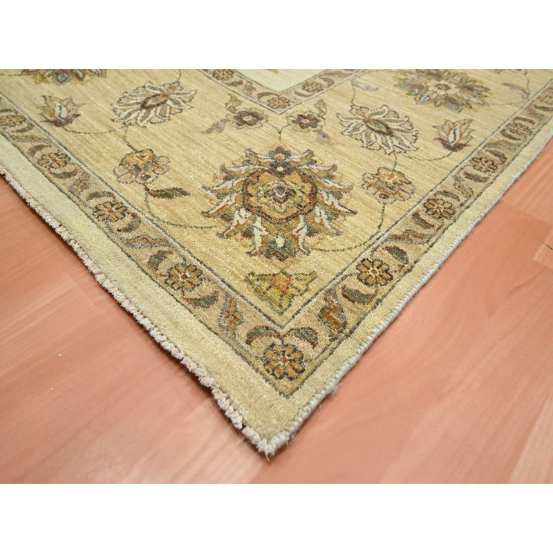 Tapis en lin blanc noué à la main 8 pi x 10 pi, motif Agra avec motif Ziegler, motif de feuilles sur l'ensemble, laine pure, velours zéro