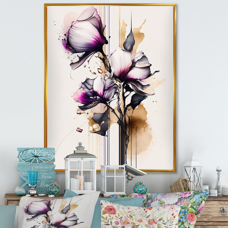 Fleur d'orchidée rose sur fond abstrait I - impression sur toile, H 32 po x l 16 po x P 1 po, Cadre flottant doré
