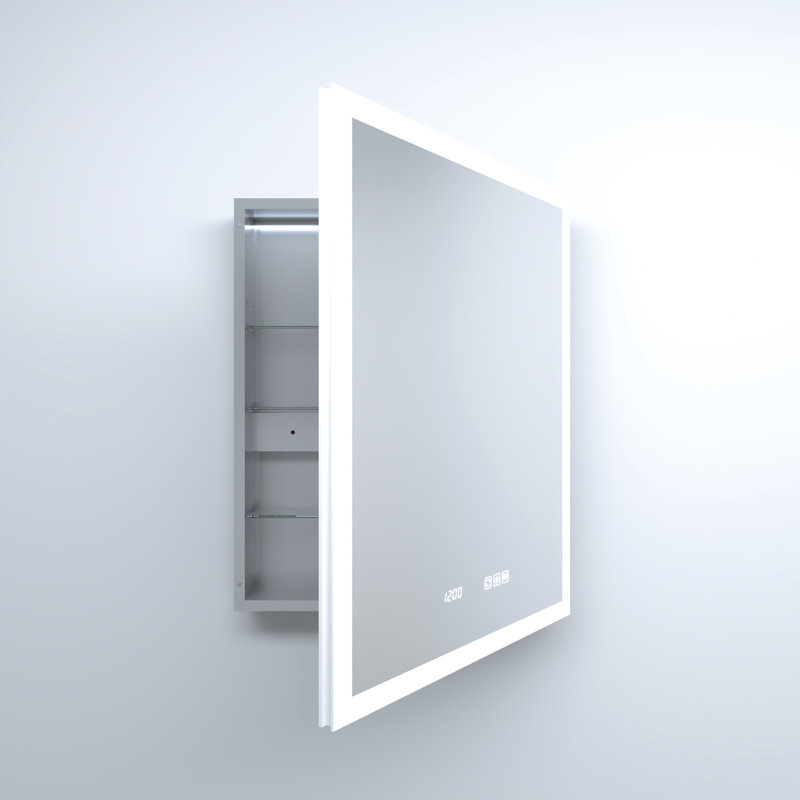 24 po Armoire à pharmacie rectangulaire en aluminium argenté encastré / à fixation en surface avec charnières silencieuses l 10 po x H 30 po, avec luminosité de 10% à 100%, fonction brouillard, tablettes réglables en verre trempé intégrées