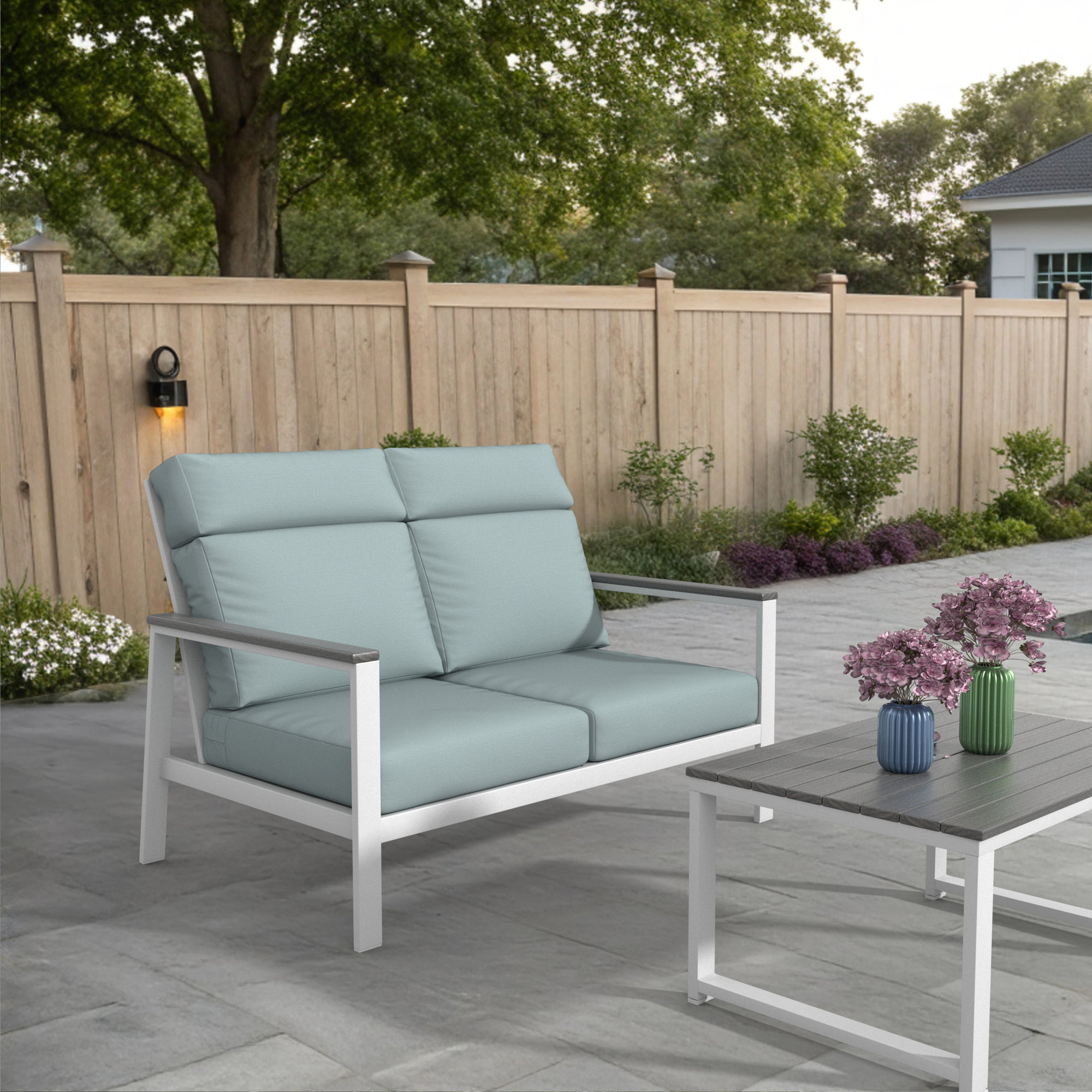 Townsend Metal Outdoor Loveseat With Sunbrella Cushion, Gray, Bliss Dew