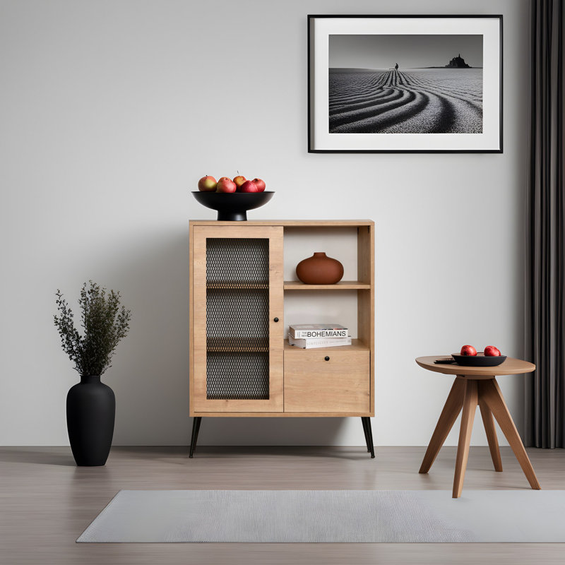 Versatile Multi-Purpose Cabinet, Oak & Black, 35.4 x 43.3 x 13.8 inches | 100% Melamine Coated Particle Board, MDF & Metal Wire Doors, Sturdy Metal Legs (15.0 cm Height) | Ideal for Home Office & Storage Solutions