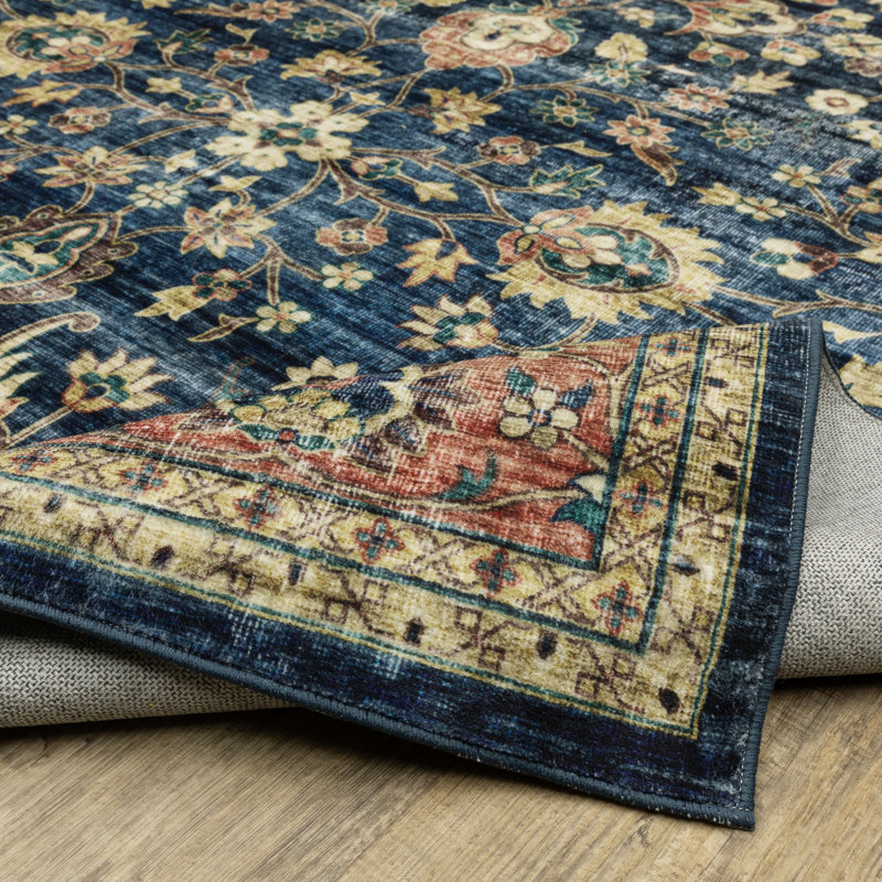 Sebastian Vintage Blue and Rust Washable 5' x 7' Area Rug
