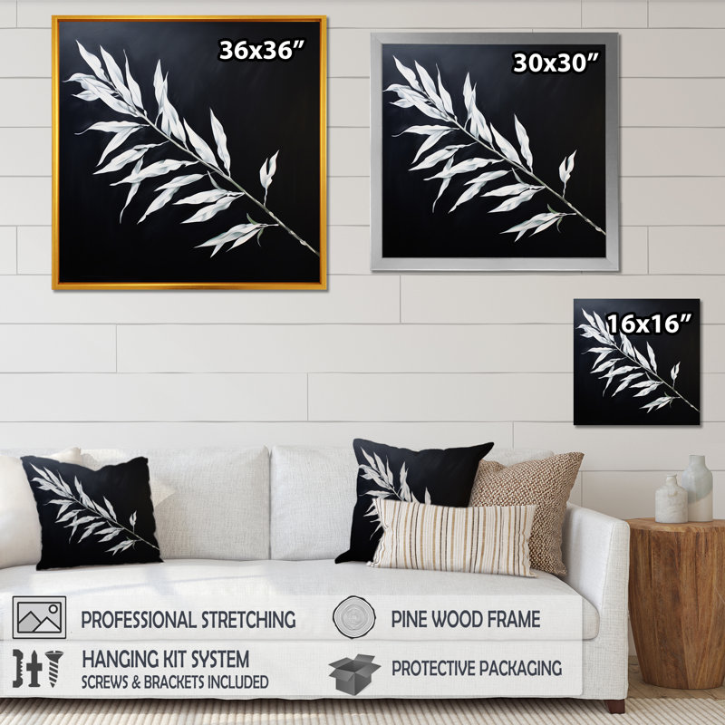 Willow Leaves in White I - reproduction sur toile, Cadre flottant doré, H 24 po x l 24 po x P 1 po