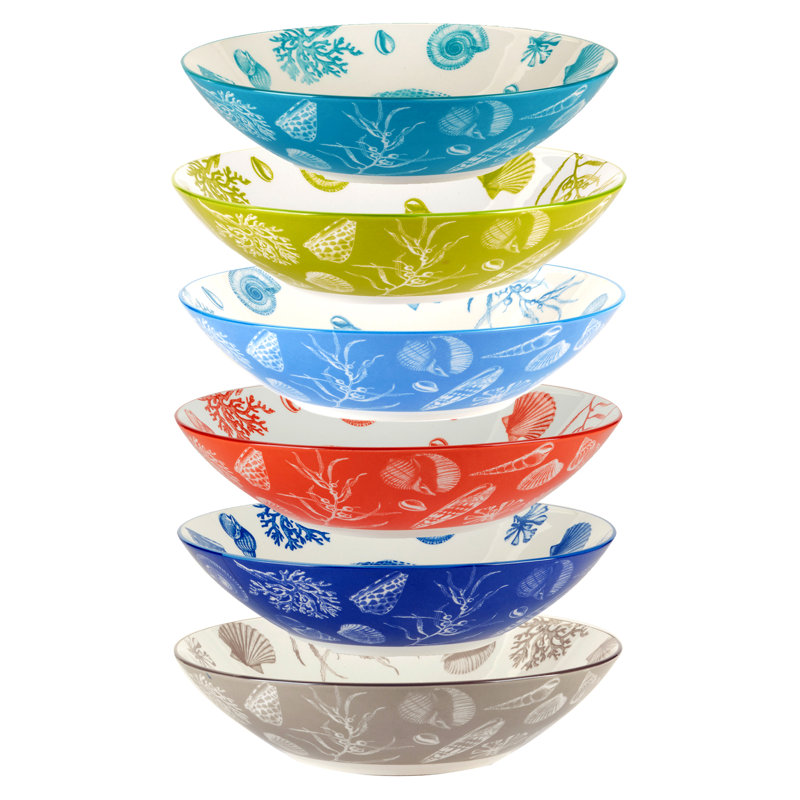 Seaside Multicolor Ceramic Soup and Pasta Bowls, Set of 6