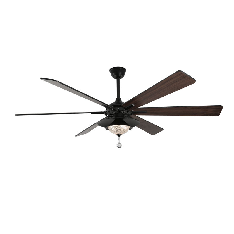 72 Inch Black Modern Farmhouse Extra Large Ceiling Fan with Dimmable LED Light and Remote , 6 Speed DC Motor 6-Blade Crystal Ceiling Fan for Living Room