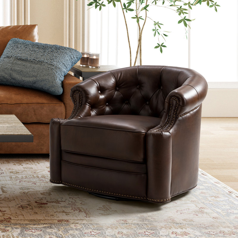 Fauteuil pivotant en cuir véritable de 31,5 po de large Toiya, Chocolat