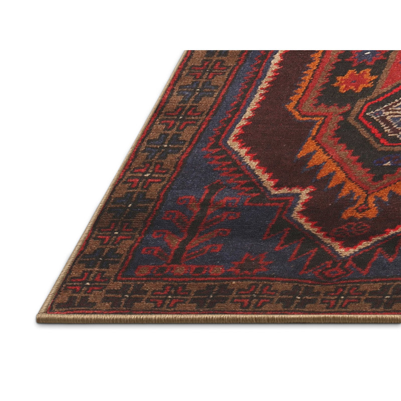 Tapis rouge/bleu traditionnel, Rectangle 7 pi x 10 pi