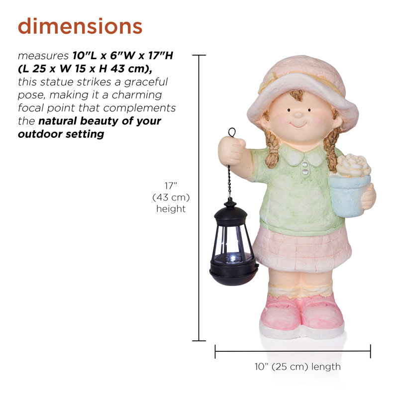 17"H Girl Holding Lantern Solar Statue with LED Lights