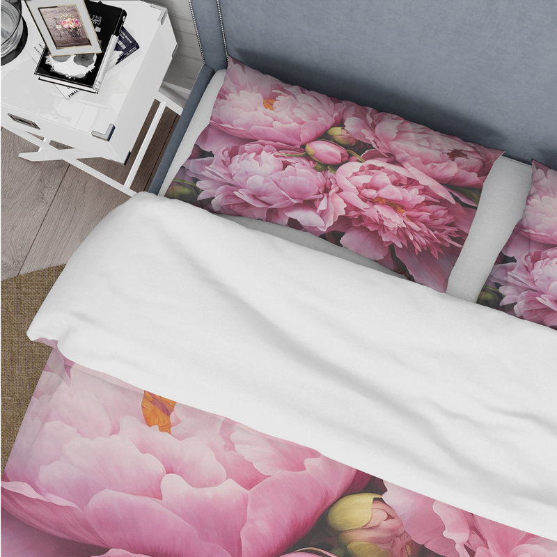 Ensemble de housse de couette floral rose et vert pivoine II captivant - microfibre de polyester