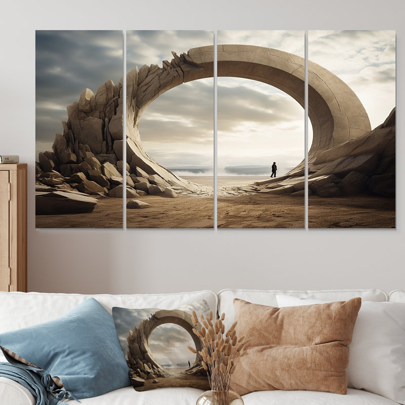 Gris, surréalisme, espace, canyon, paysage, art mural 4 pièces, H 32 po x l 64 po