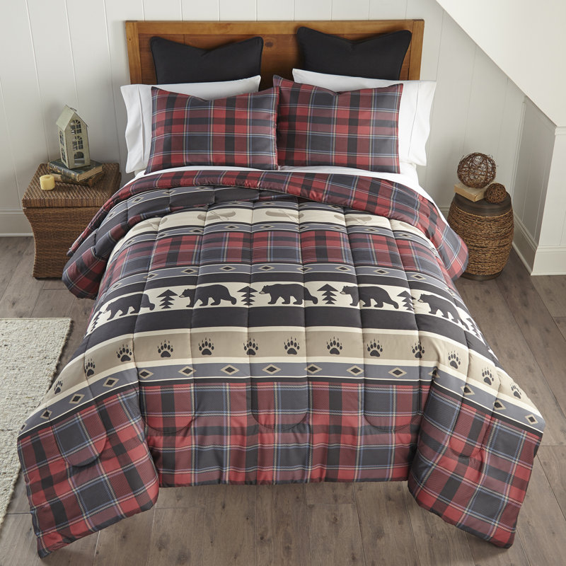 Queen Red Plaid Microfiber Reversible Comforter Set