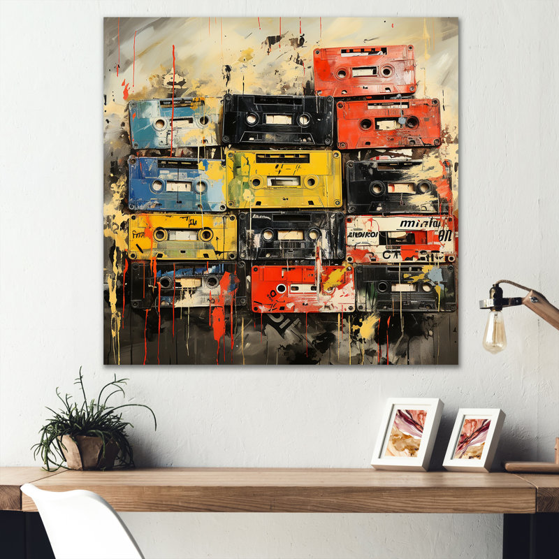 Vintage Casset Tapes Collage - Cassette Tapes, art mural en métal, H 29 po x l 29 po