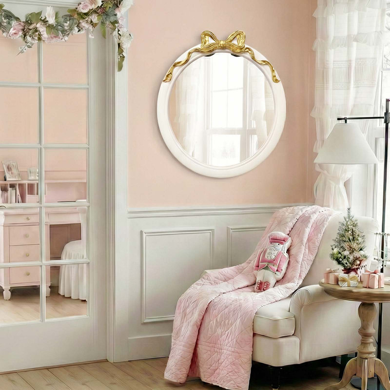 French Country Vanity Mirror, Bow Framed Mirror for Nursery, 28" x 28", White/Gold