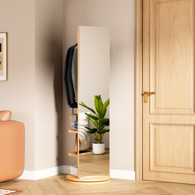 Miroir pivotant sur 360 ° en bois massif avec rangement à crochets et porte-manteau, idéal pour le cintre à domicile