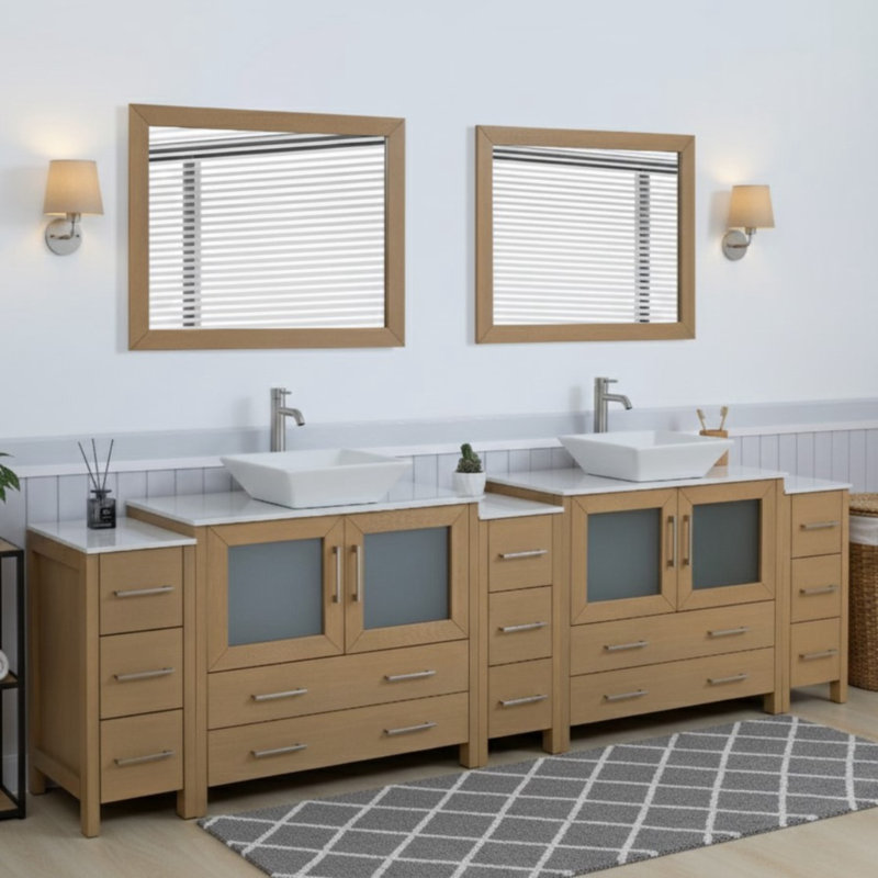 Ravenna 108" Freestanding Double Sink Bathroom Vanity with Engineered Marble Top and Matching Mirrors, Natural Oak