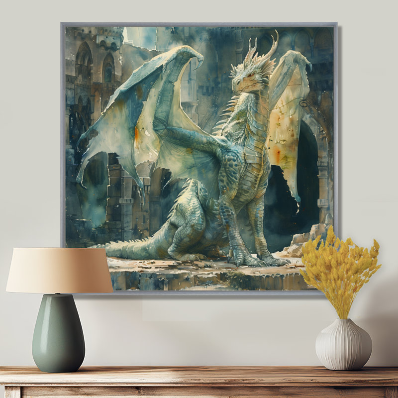 «Green Antique Ruins Dragon I - Dragons», art mural, H 30 po x l 30 po x P 1 po, Toile argentée avec cadre flottant