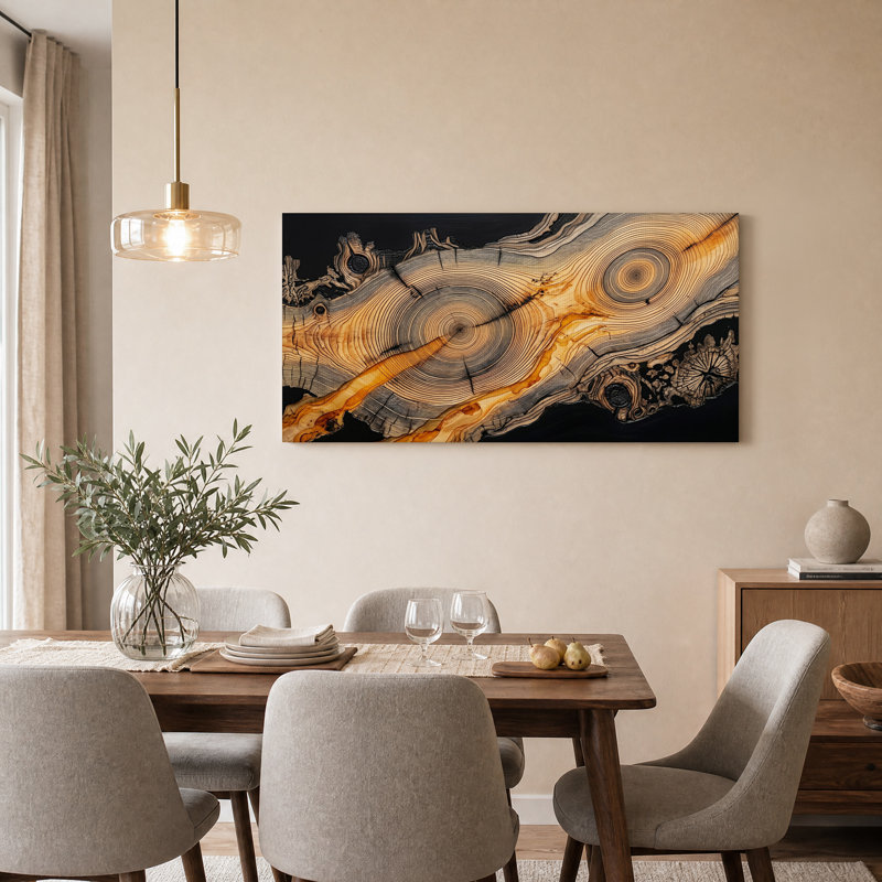 Tableau sur toile à motif d'anneaux d'arbre ambre et noir, 46“W x 24”H