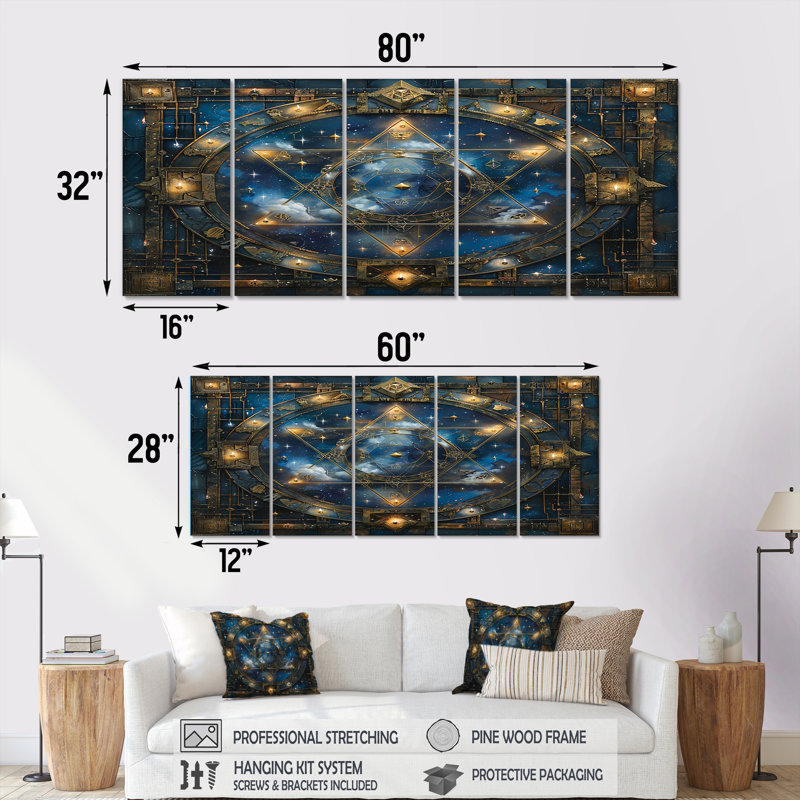 Sceau bleu mystique - art mural abstrait 5 pièces, H 32 po x l 80 po