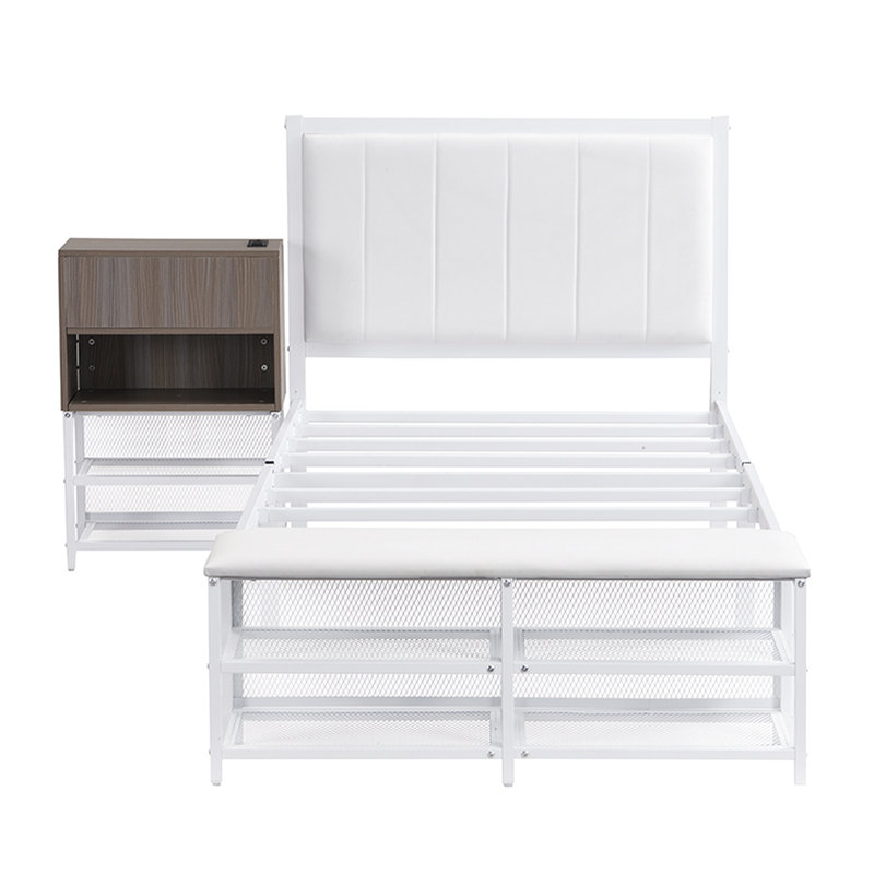 Lit plateforme simple en métal blanc avec rangement et étagère en bois - Tiroir d'organisation pratique et pratique, Blanc