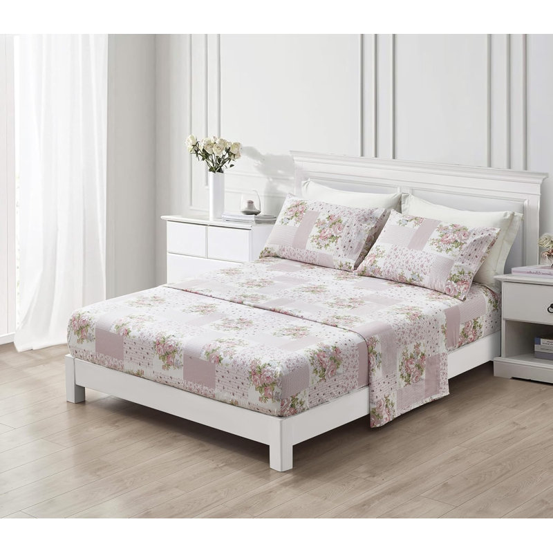 Rosy Floral Patchwork Printed Cotton Bed Sheet Set, California King Sheet Set with 2 King Pillowcases